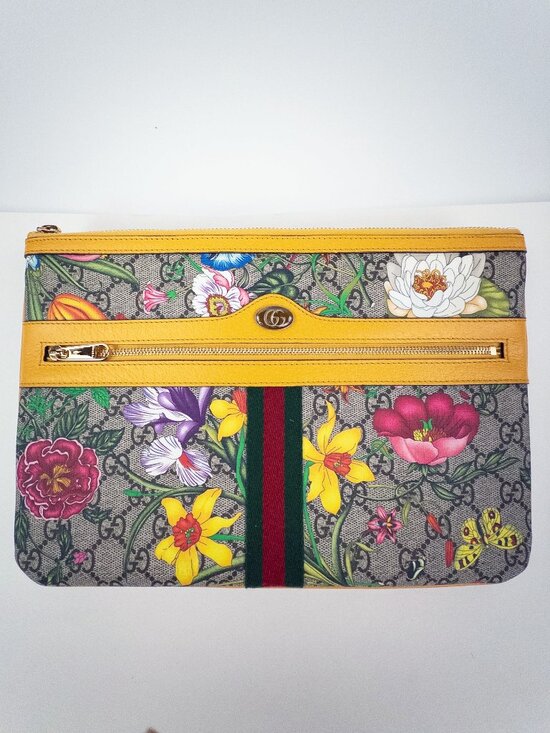 Gucci Handbags - Gucci Ophidia GG Supreme Flora Yellow Medium Pouch Clutch Like New Hologram Box